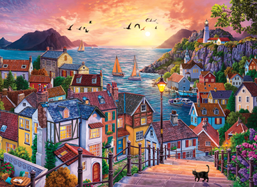Coastal Town at Sunset 1000pc Cobble Hill Puzzle + Poster