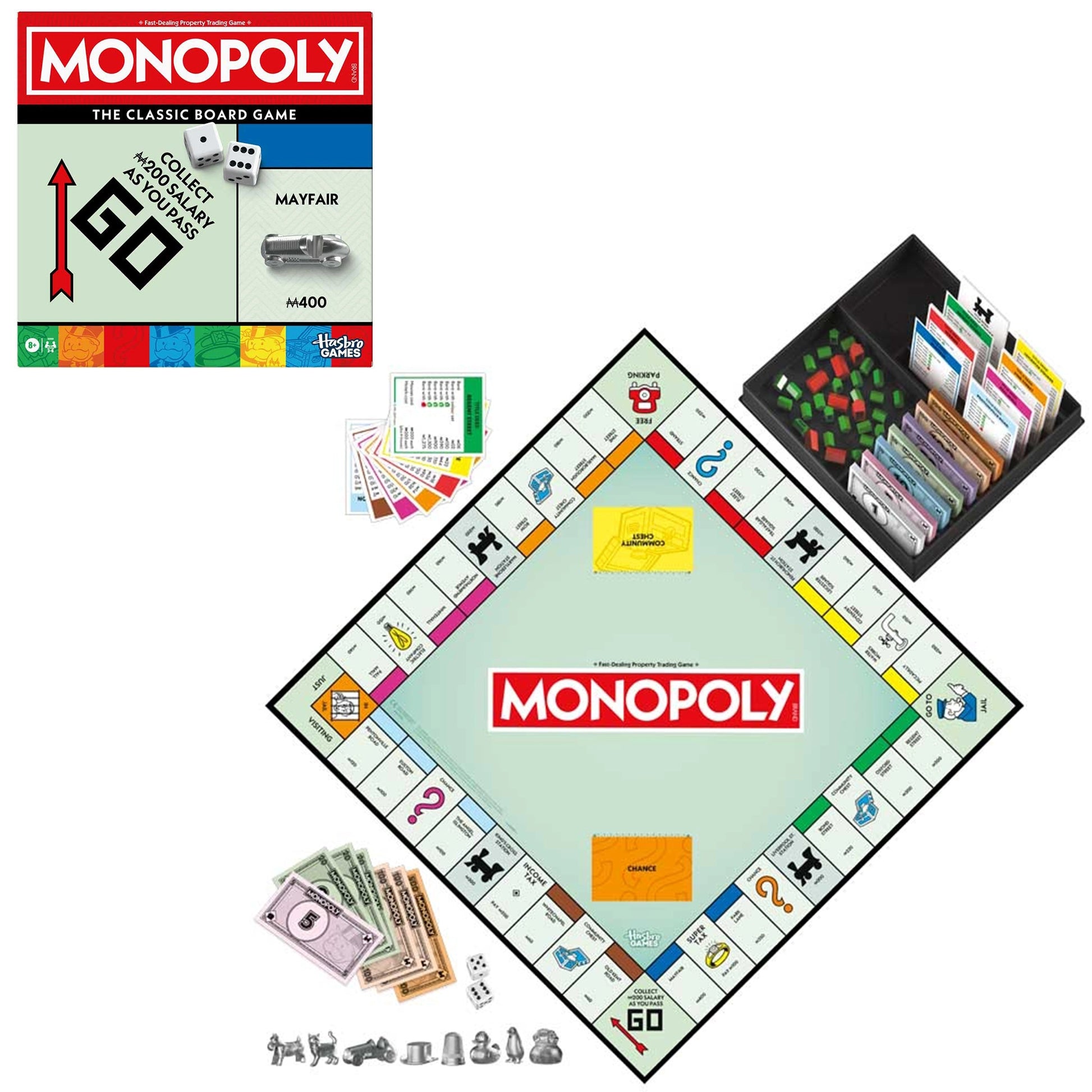 Monopoly board game set with pieces, money, and cards on a white background