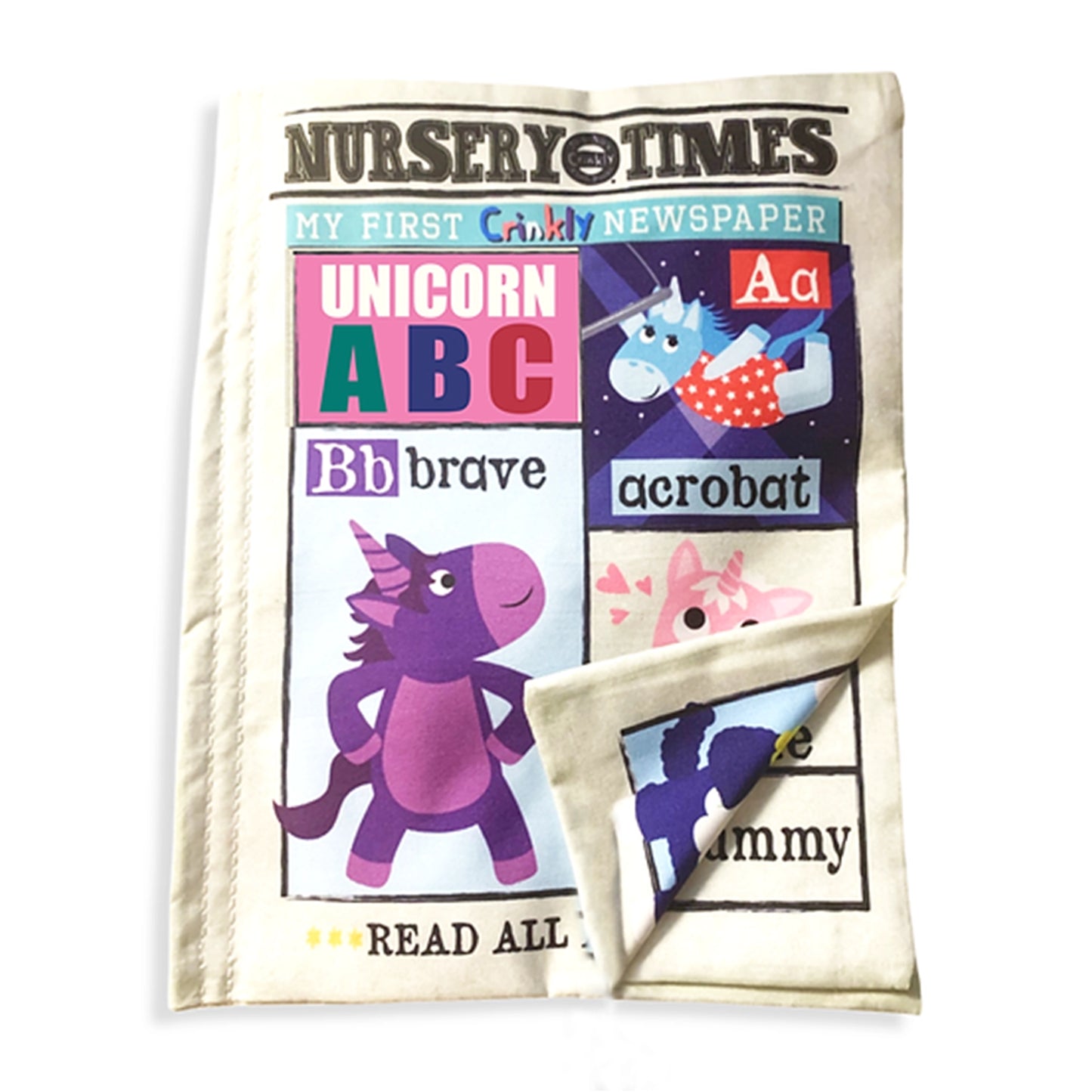 Nursery Times Crinkly Newspaper - Unicorns - Jo & Nic's Crinkly Cloth Books - The Forgotten Toy Shop