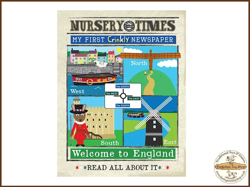 Nursery Times Crinkly Newspaper - Welcome to England - Jo & Nic's Crinkly Cloth Books - The Forgotten Toy Shop