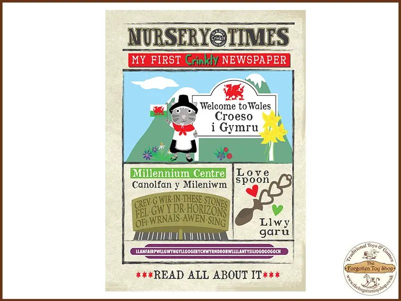 Nursery Times Crinkly Newspaper - Welcome to Wales - Jo & Nic's Crinkly Cloth Books - The Forgotten Toy Shop