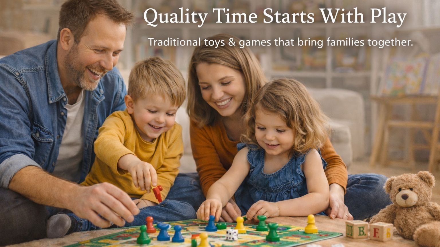 Family playing a board game together with text about quality time and traditional toys.