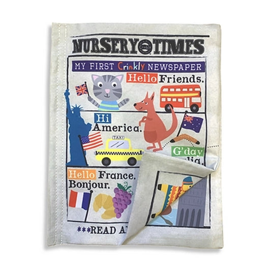 Nursery Times Crinkly Newspaper - Hello Friends - Jo & Nic's Crinkly Cloth Books - The Forgotten Toy Shop