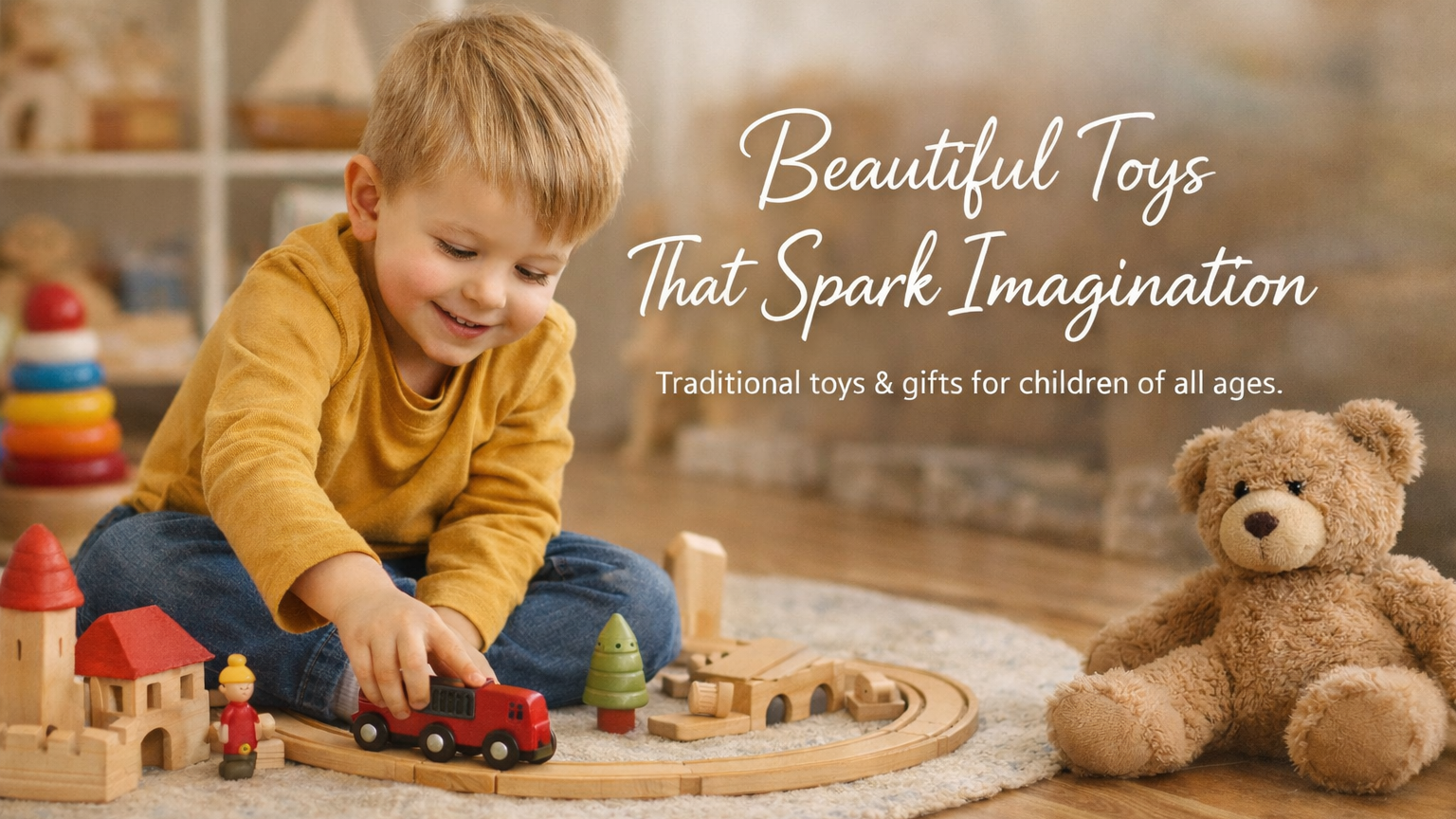 Child playing with toys on a wooden floor, surrounded by teddy bears and toy buildings.