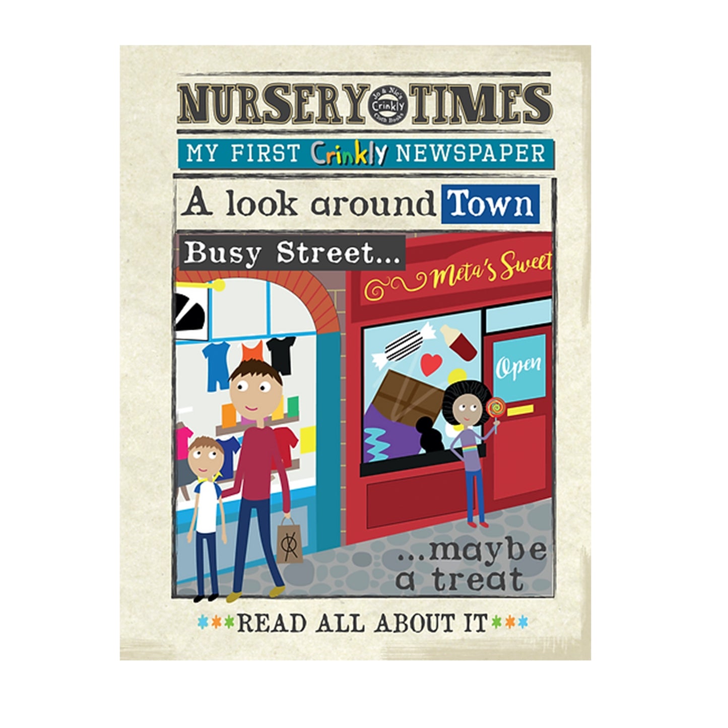 Nursery Times Crinkly Newspaper - A Look around Town - Jo & Nic's Crinkly Cloth Books - The Forgotten Toy Shop