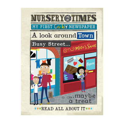 Nursery Times Crinkly Newspaper - A Look around Town - Jo & Nic's Crinkly Cloth Books - The Forgotten Toy Shop