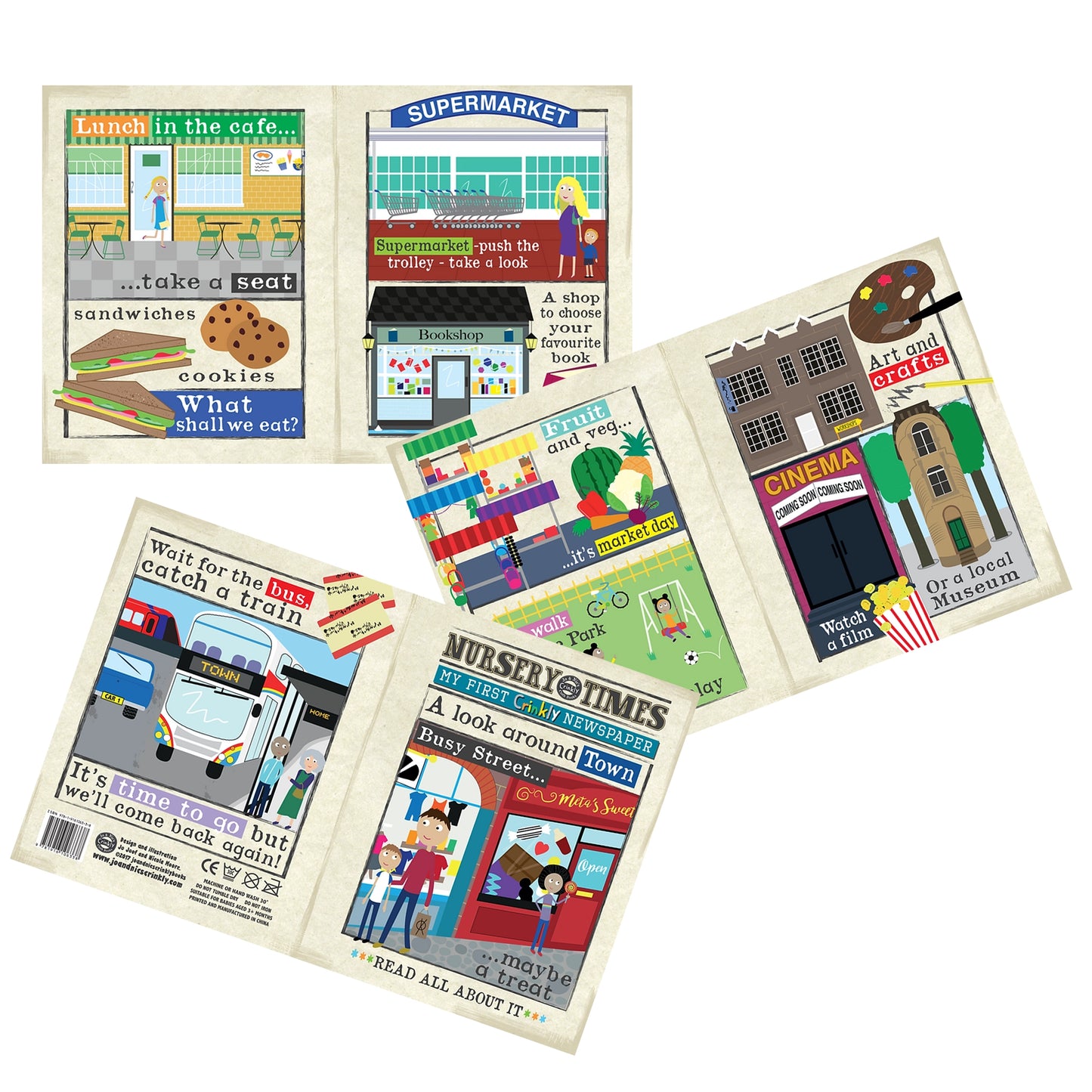 Nursery Times Crinkly Newspaper - A Look around Town - Jo & Nic's Crinkly Cloth Books - The Forgotten Toy Shop