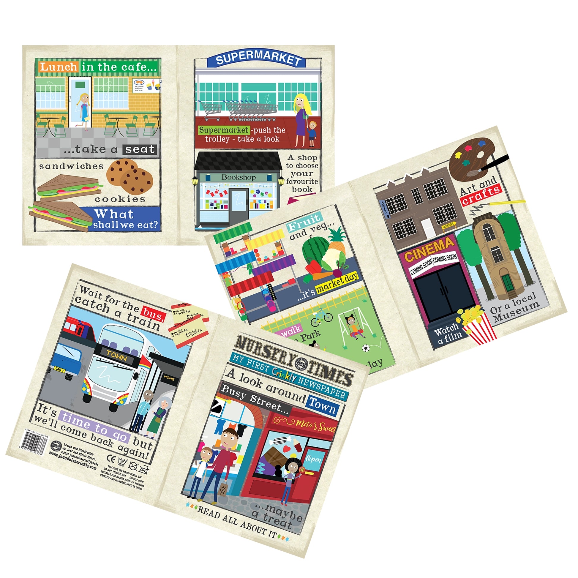 Nursery Times Crinkly Newspaper - A Look around Town - Jo & Nic's Crinkly Cloth Books - The Forgotten Toy Shop