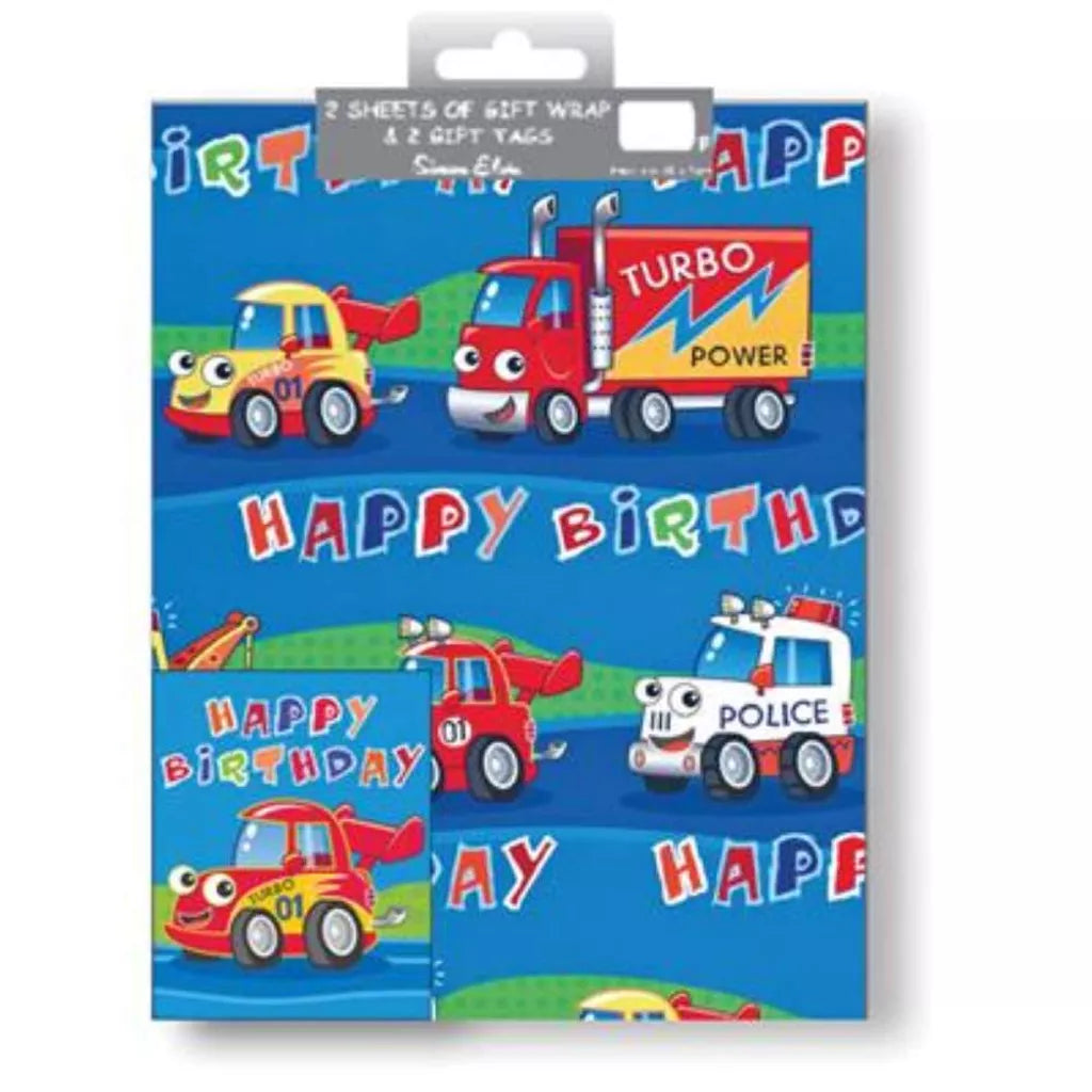 Gift Wrap 2 Pack + 2 Tags (50cm x 70cm) - Cartoon Cars