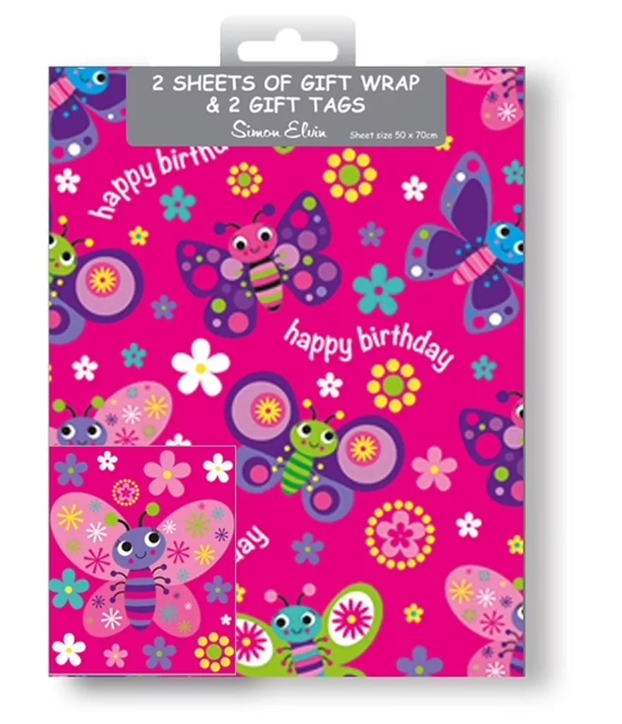 Gift Wrap 2 Pack + 2 Tags (50cm x 70cm) - Happy Birthday Butterflies