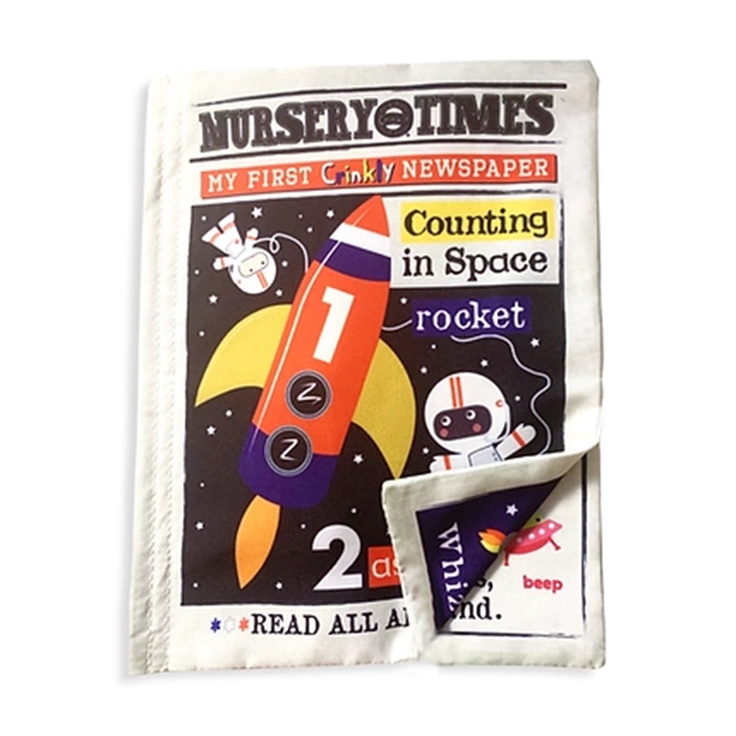 Nursery Times Crinkly Newspaper - Counting in Space - Jo & Nic's Crinkly Cloth Books - The Forgotten Toy Shop
