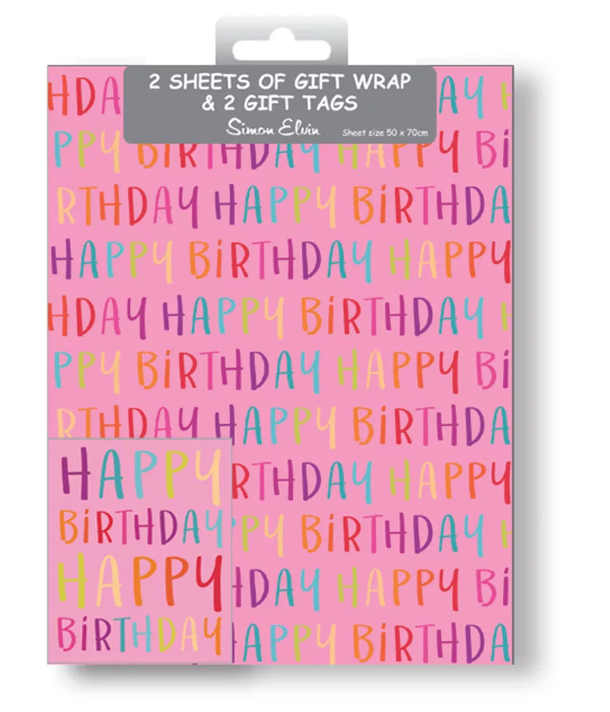 Gift Wrap 2 Pack + 2 Tags (50cm x 70cm) - Happy Birthday Girl