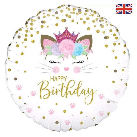 18" Round Foil Balloon - Princess Cat Happy Birthday