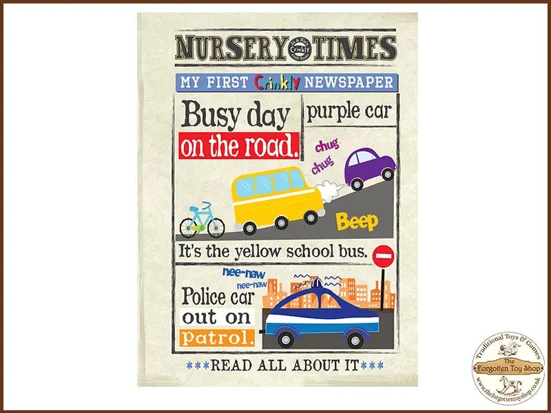 Nursery Times Crinkly Newspaper - Busy day on the Road - Jo & Nic's Crinkly Cloth Books - The Forgotten Toy Shop