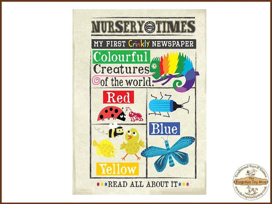 Nursery Times Crinkly Newspaper - Colourful Creatures - Jo & Nic's Crinkly Cloth Books - The Forgotten Toy Shop