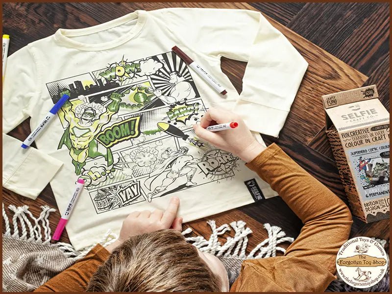 Superhero Comic Colour In Top with Fabric Pens - Selfie Craft Co - The Forgotten Toy Shop